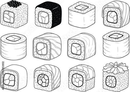 Hand Drawn Sushi Roll Collection with Maki Pieces and Assorted Japanese Cuisine Line Art Vector Illustration Set