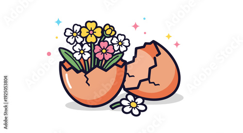 A cracked egg with colorful flowers emerging from it in a modern, playful vector style, perfect for spring and Easter designs