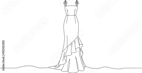 Flat fashion sketch of elegant long dress with shoulder tie straps and ruffle hem, vector technical drawing for evening wear template