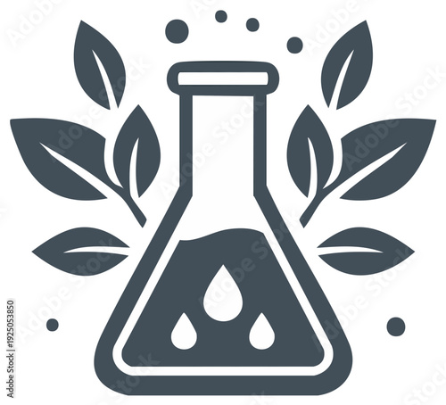 Erlenmeyer flask with plant elements, laboratory design, and nature concept.