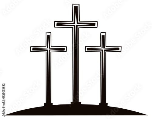 Three Christian crosses stand silhouetted on a hill symbolizing faith and redemption