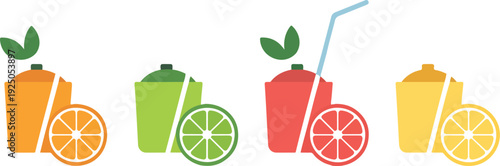 Set of four colorful citrus juice glasses with straws, featuring whole and sliced orange, lime, grapefruit, and lemon.