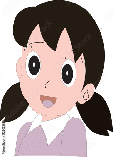 Young Girl with Pigtails and Surprised Expression, Cartoon Style, White Background