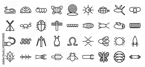 Abstract insect and microorganism line art symbols for biological diagrams. Minimalist geometric arthropod pictograms featuring stylized bug and parasite anatomy.