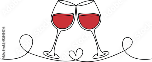 Minimalist continuous line-art illustration of two red wine glasses clinking in a celebratory toast.