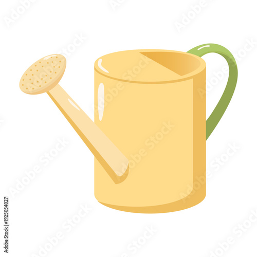 Yellow watering can with green handle, cylindrical body and sprinkler spout, gardening tool illustration for plant care, landscaping, horticulture, and decorative projects