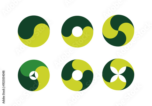 Modern green abstract circular logo set with geometric yin yang and spiral elements in green tones.