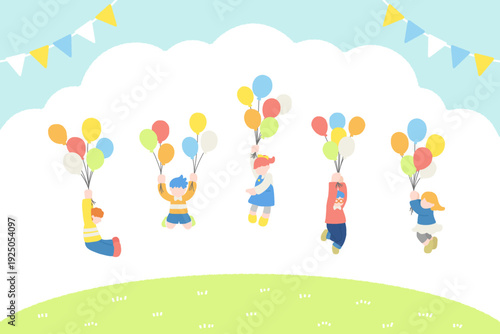 外で楽しそうに風船につかまって飛ぶこども達とガーランドのフラットなイラスト（セット）