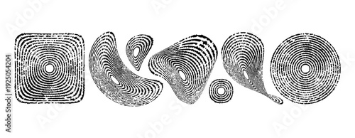 Abstract black topographic pattern set with monochrome psychedelic concentric shapes on white background.