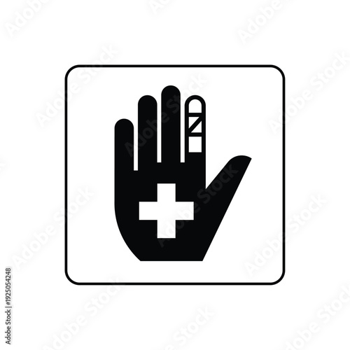 Clean and professional first aid symbol depicting a hand with a medical cross, isolated on a white background, ideal for healthcare, safety, and emergency signage.