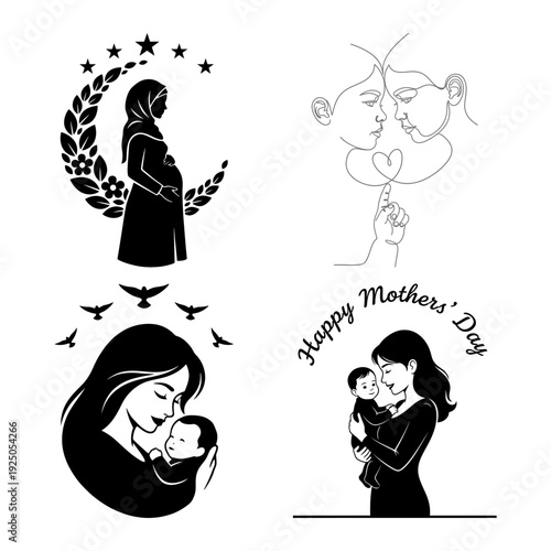 Mothers Day greeting icon bundle with happy mothers day text hijab maternity laurel heart balloon line art and mom baby kiss