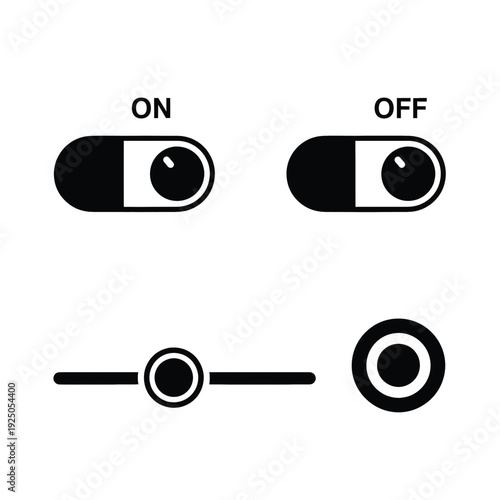 Black and white ON and OFF toggle switch and slider UI vector icons.