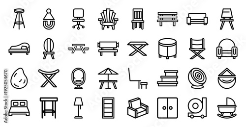 Modern interior furniture and outdoor seating monoline pictograms. Minimalist home decor and office furnishing icons for architectural planning and interior design.