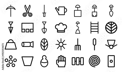 Gardening and landscaping tools monoline pictograms. Chunky geometric line art featuring shovel, shears, watering can, and cultivation equipment.