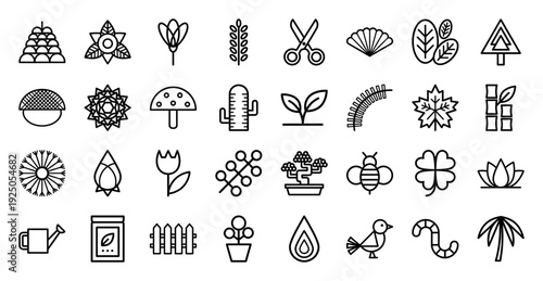 Sustainable gardening and botanical growth line icons featuring horticulture tools, organic plants, and environmental conservation symbols in a minimalist monoline style.