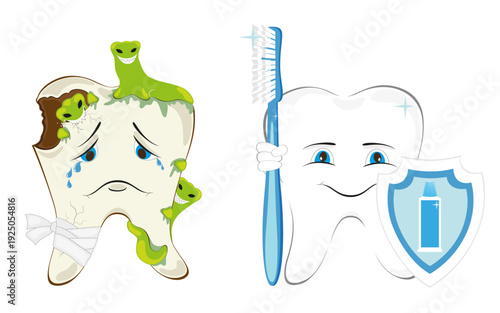 Healthy and diseased teeth. Cartoon characters for children - the concept of a healthy lifestyle