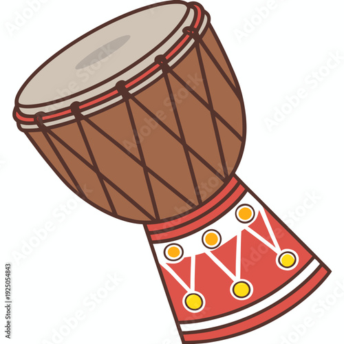 A djembe drum, a traditional African percussion instrument. It has a beige drumhead, a brown body with black rope-like crisscross patterns, and a red base decorated with white and yellow circular.