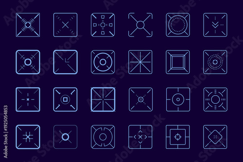 Weapon sight, sniper rifle optical scope. Hunting gun viewfinder with crosshair. Crosshair gun sight icons set. Bullseye, target or aim symbol. Shooting mark. Military target sign. Game UI. Vector.