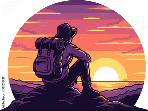 Contemplative backpacker seated upon a rugged outcrop witnessing a majestic and serene sunset over the distant horizon