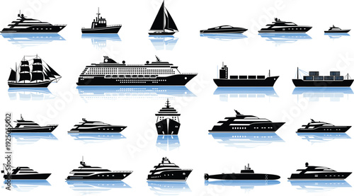 Luxury yachts and various ships silhouettes with blue water reflections isolated on white background detailed marine transport vector collection