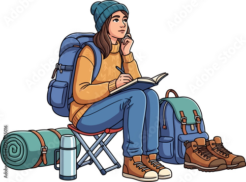 Contemplative woman documenting her travel experiences in a journal while resting at a scenic campsite