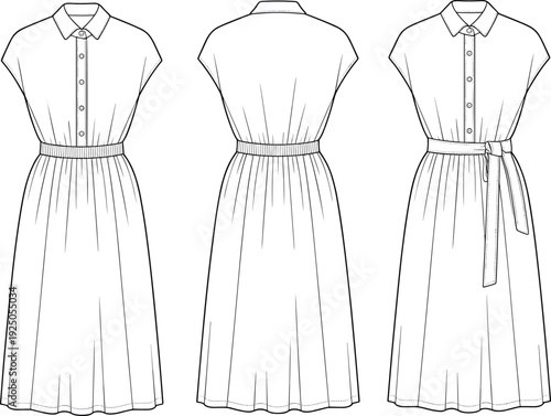 Flat fashion sketch of midi shirt dress with collar, belt, button-down front, elastic waist, short sleeves, elegant clothing vector