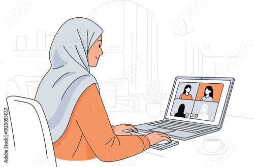 Woman wearing hijab sitting in office, working on laptop with video call interface displayed on screen.