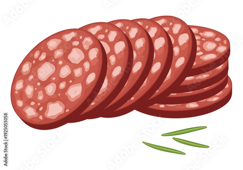 Thick, overlapping slices of rich red salami, heavily marbled with white fat, cascade smoothly downward toward three scattered green rosemary needles resting gracefully on a stark white surface