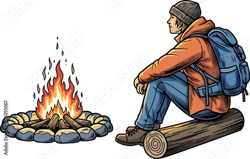 Cozy rustic camper warming up by a crackling stone-ringed bonfire while sitting on a fallen log in a nostalgic outdoor scene