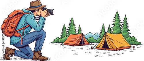 Creative and observant hiker kneeling to photograph a forest campsite with multiple tents in a charming storybook vector style
