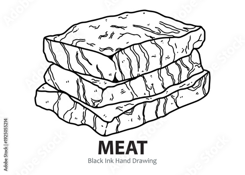 Black ink hand drawing of three stacked raw meat cuts, depicting a rustic and traditional food illustration.