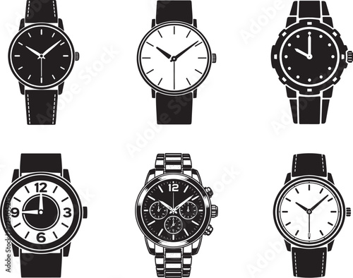 Analog Wrist Watch Icon Set in Flat Silhouette Style Vector