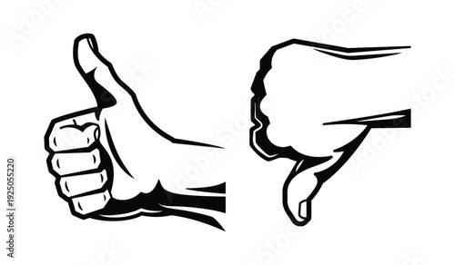 Thumb up down sign. Flat, silhouette and linear style. Line art illustration of a thumb. Right wrong.
