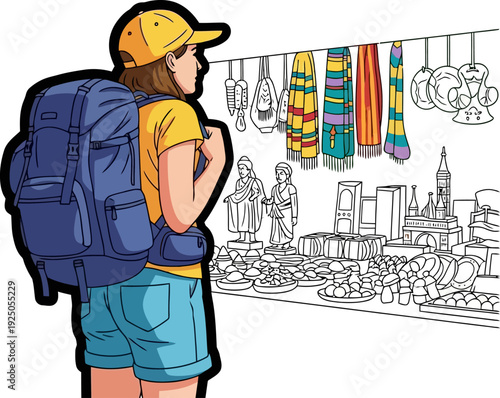 Curious female backpacker browsing local handicrafts and traditional souvenirs at a vibrant cultural market illustration