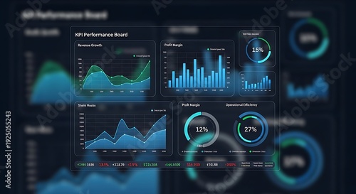 Futuristic digital KPI performance board displaying revenue growth profit margin and operational efficiency metrics
