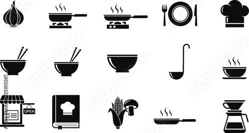 Kitchen Cooking Black Glyph Icon Set with Frying Pan Bowl Chef Hat Storefront Corn Mushroom and Culinary Symbols Vector Collection