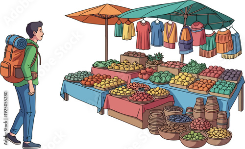 Curious tourist exploring a bustling open-air market stall filled with fresh organic produce and artisanal textiles