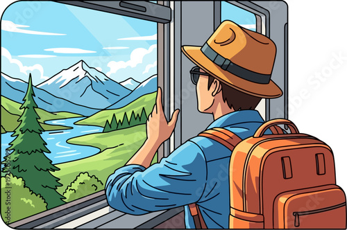 Curious traveler admiring the breathtaking alpine scenery through a train window during a scenic mountain railway trip in a vector style