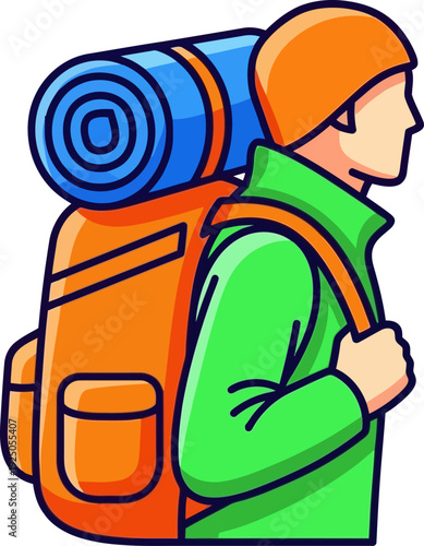 Determined hiker carrying a heavy expedition pack through a vibrant green landscape