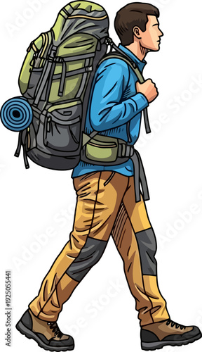 Determined mountain trekker carrying a professional grade expedition backpack while walking with purpose in a profile view illustration