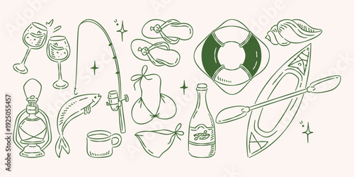 Hand drawn lake life and camping element set. Summer outdoor adventure doodle illustrations.