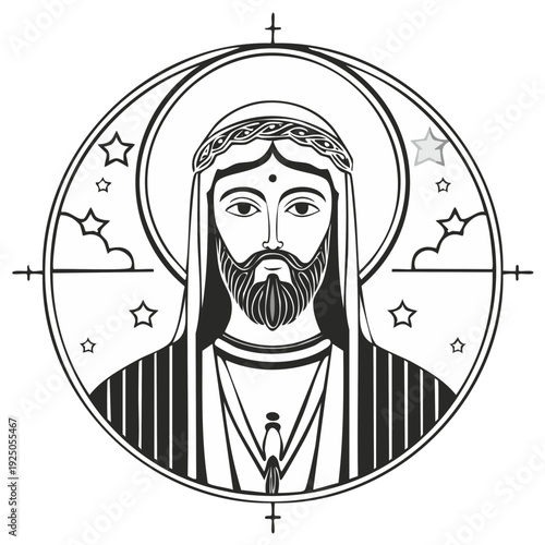 Monochrome illustration of a holy man with beard in circle with stars and clouds in the background