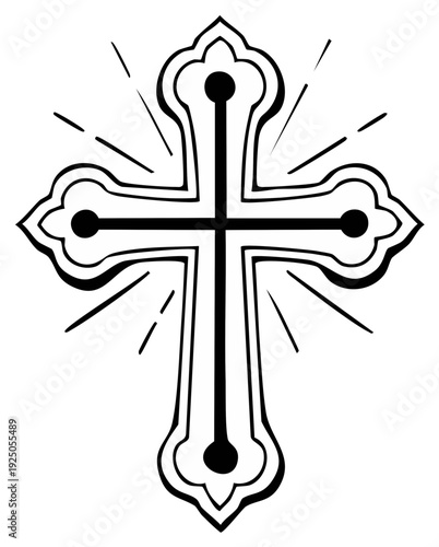 Ornate Orthodox Christian Cross with Rays of Light Black and White Line Art Illustration