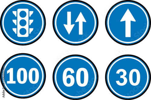Set of Blue Mandatory Road Signs with Arrows and Speed Limits