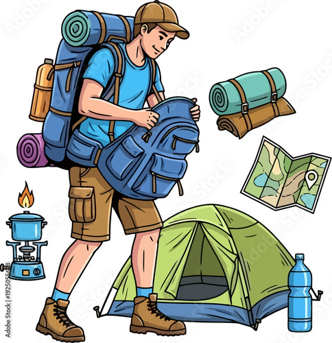 Diligent traveler meticulously organizing camping essentials including a tent and map for an upcoming trek cartoon style