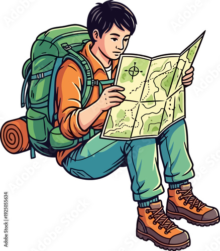 Diligent young explorer carefully studying a paper topographic map while resting during a challenging mountain trek detailed character vector