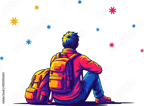 Dreamy celestial observer sitting with his gear under a whimsical sky filled with colorful stylized stars in a vibrant pop-art influence