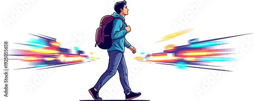 Dynamic and energetic backpacker walking rapidly amidst abstract light trails and motion blur in a high-impact vector art style