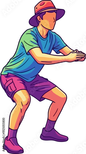 Energetic and athletic man performing squats in colorful sportswear in a vibrant pop-art vector style