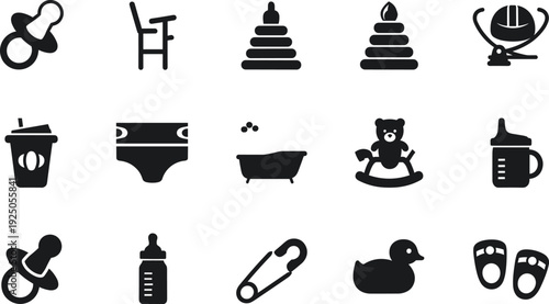 Baby Care Black Glyph Icon Set with Pacifier Stroller Diaper Bathtub Toy Bottle and Newborn Essentials Vector Collection